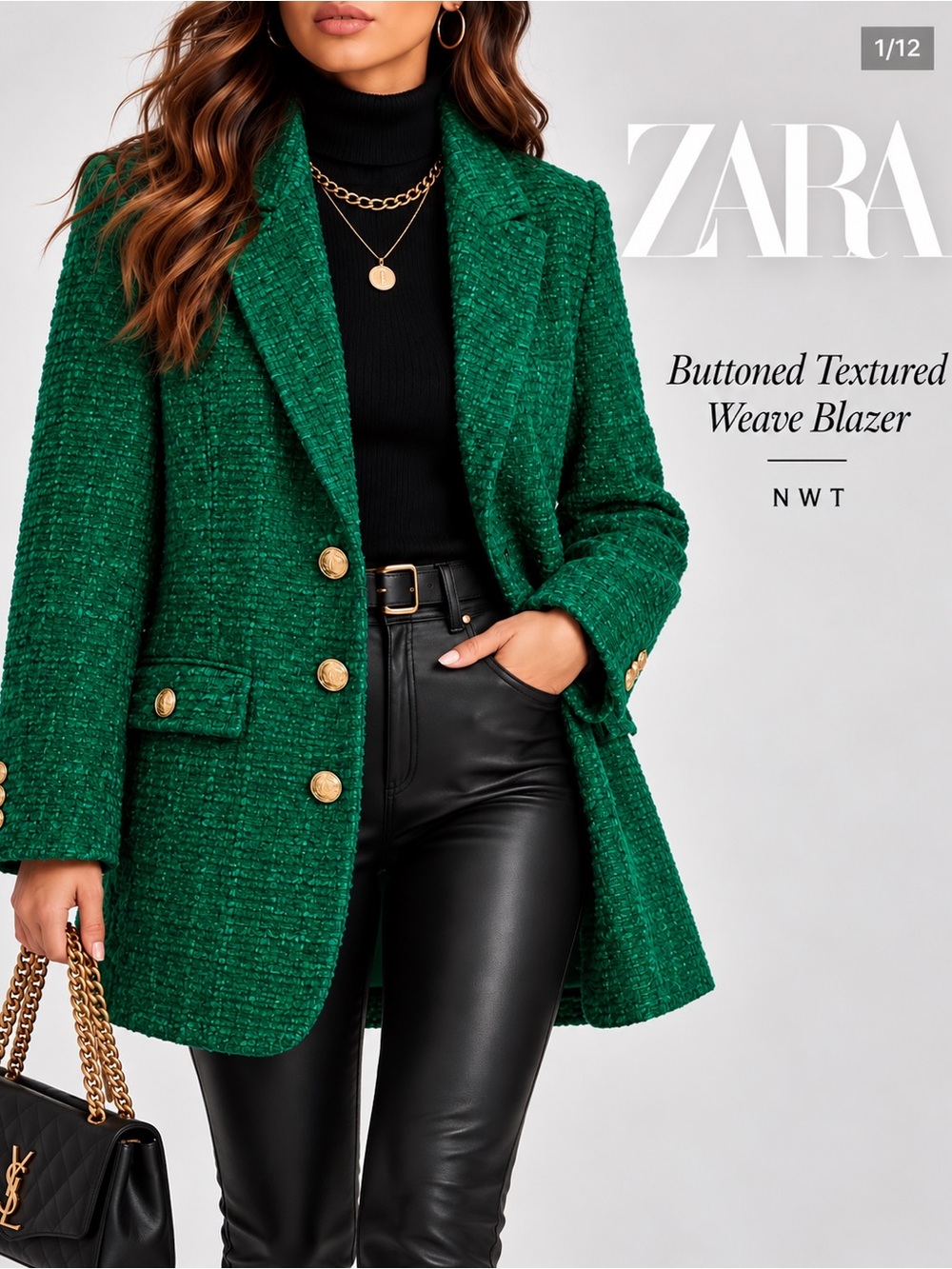 NWT Zara Emerald Green Textured Weave Blazer with Gold Buttons